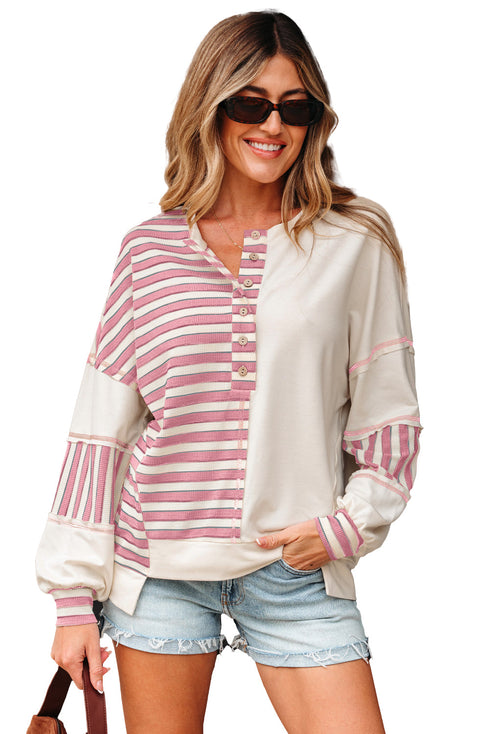 Colorblock Striped Patchwork Henley Pullover Top Exposed-Seam Drop-Shoulder